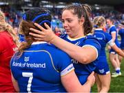 26 August 2023; Leinster players Lisa Callan and Molly Boyne, 7, celebrate after their side's victory in the Vodafone Women’s Interprovincial Championship match between Leinster and Munster at Energia Park in Dublin. Photo by Piaras Ó Mídheach/Sportsfile