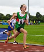 26 August 2023; Ava Murphy from Shrule-Glencorrib-Kilroe, Mayo, on her way to winning the Girls under-10 200m Final during the Community Games National Track and Field finals at Carlow SETU in Carlow. Photo by Matt Browne/Sportsfile