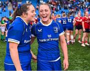 26 August 2023; Leinster players Lisa Callan, left, and Elise O' Byrne-White celebrate after their side's victory in the Vodafone Women’s Interprovincial Championship match between Leinster and Munster at Energia Park in Dublin. Photo by Piaras Ó Mídheach/Sportsfile