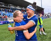 26 August 2023; Leinster players Anna Doyle, left, and Eimear Corri celebrate after their side's victory in the Vodafone Women’s Interprovincial Championship match between Leinster and Munster at Energia Park in Dublin. Photo by Piaras Ó Mídheach/Sportsfile