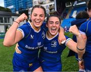 26 August 2023; Leinster players Leah Tarpey, left, and Aimee Clarke celebrate after their side's victory in the Vodafone Women’s Interprovincial Championship match between Leinster and Munster at Energia Park in Dublin. Photo by Piaras Ó Mídheach/Sportsfile