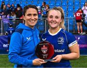 26 August 2023; Player of the match Aoife Dalton of Leinster with her head coach Tania Rosser after their side's victory in the Vodafone Women’s Interprovincial Championship match between Leinster and Munster at Energia Park in Dublin. Photo by Piaras Ó Mídheach/Sportsfile