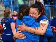 26 August 2023; Natasja Behan of Leinster celebrates with her head coach Tania Rosser after their side's victory in the Vodafone Women’s Interprovincial Championship match between Leinster and Munster at Energia Park in Dublin. Photo by Piaras Ó Mídheach/Sportsfile