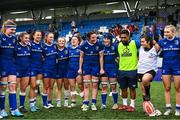 26 August 2023; Leinster team captain Hannah O'Connor, centre, speaking with her team-mates after their side's victory in the Vodafone Women’s Interprovincial Championship match between Leinster and Munster at Energia Park in Dublin. Photo by Piaras Ó Mídheach/Sportsfile