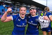 26 August 2023; Leinster players Katie Whelan, left, and Sarah Delaney celebrate after their side's victory in the Vodafone Women’s Interprovincial Championship match between Leinster and Munster at Energia Park in Dublin. Photo by Piaras Ó Mídheach/Sportsfile