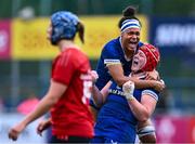 26 August 2023; Leinster players Eimear Corri and Aoife Wafer, right, celebrate after their side's victory in the Vodafone Women’s Interprovincial Championship match between Leinster and Munster at Energia Park in Dublin. Photo by Piaras Ó Mídheach/Sportsfile