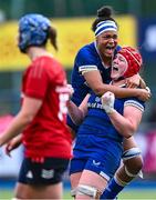 26 August 2023; Leinster players Eimear Corri and Aoife Wafer, right, celebrate after their side's victory in the Vodafone Women’s Interprovincial Championship match between Leinster and Munster at Energia Park in Dublin. Photo by Piaras Ó Mídheach/Sportsfile