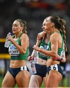 26 August 2023; Ireland athletes, from right to left, Kelly McGrory, Roisin Harrison and Sophie Becker after competing in the women's 4x400m relay heats during day eight of the World Athletics Championships at the National Athletics Centre in Budapest, Hungary. Photo by Sam Barnes/Sportsfile