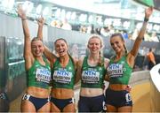 26 August 2023; The Ireland women's relay team, from left, Sophie Becker, Kelly McGrory, Roisin Harrison and Sharlene Mawdsley celebrate after qualifying for the women's 4x400m relay final during day eight of the World Athletics Championships at the National Athletics Centre in Budapest, Hungary. Photo by Sam Barnes/Sportsfile