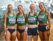 26 August 2023; The Ireland women's relay team, from left, Sophie Becker, Kelly McGrory, Roisin Harrison and Sharlene Mawdsley celebrate after qualifying for the women's 4x400m relay final during day eight of the World Athletics Championships at the National Athletics Centre in Budapest, Hungary. Photo by Sam Barnes/Sportsfile