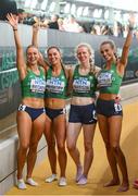 26 August 2023; The Ireland women's relay team, from left, Sophie Becker, Kelly McGrory, Roisin Harrison and Sharlene Mawdsley celebrate after qualifying for the women's 4x400m relay final during day eight of the World Athletics Championships at the National Athletics Centre in Budapest, Hungary. Photo by Sam Barnes/Sportsfile