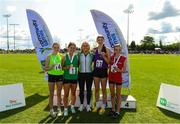 26 August 2023; Irish international hurdler Sarah Quinn and winner of the 2012 Girls under-14 80m hurdles with, from left, second place Niamh Doogan from Rosses, Donegal, first place Megan O'Shea from Crecora-Patrickswell, Limerick, third place Sarah O'Brien from Cushinstown, Wexford and fourth place Rebecca Trimble from Togher, Louth during the Community Games National Track and Field finals at Carlow SETU in Carlow. Photo by Matt Browne/Sportsfile