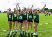 26 August 2023; The Carlow Girls under-16 4x100 Relay team, from left, Grace Canning, Maria Healy, Ellie Garrigan, Mia Cullen, Sine Myers and Mia Nolan celebrate winning during the Community Games National Track and Field finals at Carlow SETU in Carlow. Photo by Matt Browne/Sportsfile