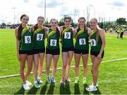 26 August 2023; The Carlow Girls under-16 4x100 Relay team, from left, Grace Canning, Maria Healy, Ellie Garrigan, Mia Cullen, Sine Myers and Mia Nolan after winning during the Community Games National Track and Field finals at Carlow SETU in Carlow. Photo by Matt Browne/Sportsfile