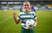 26 August 2023; Abbie Larkin of Shamrock Rovers poses with the match ball after scoring four goals during the Sports Direct Women’s FAI Cup first round match between Shamrock Rovers and Killester Donnycarney at Tallaght Stadium in Dublin. Photo by Stephen McCarthy/Sportsfile