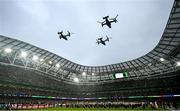 26 August 2023; The flyover of the MV22 Ospreys by the Marines Squadron 162 out of Marine Corps Air Station New River, North Carolina, before the Aer Lingus College Football Classic match between Notre Dame and Navy Midshipmen at the Aviva Stadium in Dublin. Photo by Brendan Moran/Sportsfile
