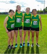 26 August 2023; The Kerry Girls under-16 4x100 Relay team, from left, Roisin Daly, Rachel Boyle, Seoladh Flynn and Lan O'Connor who finished second during the Community Games National Track and Field finals at Carlow SETU in Carlow. Photo by Matt Browne/Sportsfile