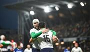 26 August 2023; Jimmy O’Brien of Ireland celebrates with team-mate Mack Hansen after scoring his side's first try` during the Rugby World Cup warm-up match between Ireland and Samoa at Parc des Sports Jean Dauger in Bayonne, France. Photo by Harry Murphy/Sportsfile