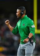 26 August 2023; Notre Dame head coach Marcus Freeman celebrates a touchdown during the Aer Lingus College Football Classic match between Notre Dame and Navy Midshipmen at the Aviva Stadium in Dublin. Photo by Brendan Moran/Sportsfile