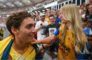 26 August 2023; Armand Duplantis of Sweden celebrates with his partner Desiré Inglander after winning gold in the men's pole vault final during day eight of the World Athletics Championships at the National Athletics Centre in Budapest, Hungary. Photo by Sam Barnes/Sportsfile