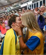 26 August 2023; Armand Duplantis of Sweden celebrates with his partner Desiré Inglander after winning gold in the men's pole vault final during day eight of the World Athletics Championships at the National Athletics Centre in Budapest, Hungary. Photo by Sam Barnes/Sportsfile
