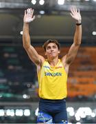 26 August 2023; Armand Duplantis of Sweden after winning gold in the men's pole vault final during day eight of the World Athletics Championships at the National Athletics Centre in Budapest, Hungary. Photo by Sam Barnes/Sportsfile