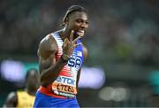 26 August 2023; Noah Lyles of USA celebrates after winning the men's 4x100m relay final during day eight of the World Athletics Championships at the National Athletics Centre in Budapest, Hungary. Photo by Sam Barnes/Sportsfile