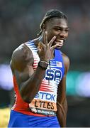 26 August 2023; Noah Lyles of USA celebrates after winning the men's 4x100m relay final during day eight of the World Athletics Championships at the National Athletics Centre in Budapest, Hungary. Photo by Sam Barnes/Sportsfile