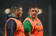 26 August 2023; Ireland watercarrier Tadhg Furlong, right, and Ireland national scrum coach John Fogarty during the Rugby World Cup warm-up match between Ireland and Samoa at Parc des Sports Jean Dauger in Bayonne, France. Photo by Harry Murphy/Sportsfile
