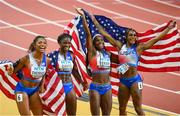 26 August 2023; The USA women's relay team, from left, Gabrielle Thomas, Tamari Davis, Twanisha Terry and Sha'Carri Richardson celebrate after winning the women's 4x100m relay final during day eight of the World Athletics Championships at the National Athletics Centre in Budapest, Hungary. Photo by Sam Barnes/Sportsfile