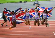 26 August 2023; The Great Britain women's relay team, from left, Asha Philip, Imani Lansiquot, Bianca Williams and Daryll Neita celebrate after finishing third in the women's 4x100m relay final during day eight of the World Athletics Championships at the National Athletics Centre in Budapest, Hungary. Photo by Sam Barnes/Sportsfile