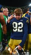 26 August 2023; Notre Dame kicker Zac Yoakam #92 celebrate after the Aer Lingus College Football Classic match between Notre Dame and Navy Midshipmen at the Aviva Stadium in Dublin. Photo by Ben McShane/Sportsfile