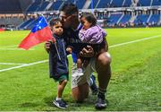 26 August 2023; Michael Ala'alatoa of Leinster with his sons Parker and Miles after the Rugby World Cup warm-up match between Ireland and Samoa at Parc des Sports Jean Dauger in Bayonne, France. Photo by Harry Murphy/Sportsfile Photo by Harry Murphy/Sportsfile