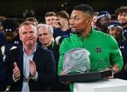 26 August 2023; Notre Dame head coach Marcus Freeman with his trophy after the Aer Lingus College Football Classic match between Notre Dame and Navy Midshipmen at the Aviva Stadium in Dublin. Photo by Ben McShane/Sportsfile