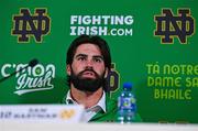 26 August 2023; Notre Dame quarterback Sam Hartman #10 during press conference after the Aer Lingus College Football Classic match between Notre Dame and Navy Midshipmen at the Aviva Stadium in Dublin. Photo by Ben McShane/Sportsfile