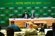 26 August 2023; Notre Dame head coach Marcus Freeman during press conference after the Aer Lingus College Football Classic match between Notre Dame and Navy Midshipmen at the Aviva Stadium in Dublin. Photo by Ben McShane/Sportsfile