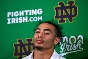 26 August 2023; Notre Dame linebacker Marist Liufau #8 during press conference after the Aer Lingus College Football Classic match between Notre Dame and Navy Midshipmen at the Aviva Stadium in Dublin. Photo by Ben McShane/Sportsfile