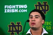26 August 2023; Notre Dame wide receiver Jaden Greathouse #19 during a press conference after the Aer Lingus College Football Classic match between Notre Dame and Navy Midshipmen at the Aviva Stadium in Dublin. Photo by Ben McShane/Sportsfile
