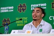 26 August 2023; Notre Dame linebacker Marist Liufau #8 during press conference after the Aer Lingus College Football Classic match between Notre Dame and Navy Midshipmen at the Aviva Stadium in Dublin. Photo by Ben McShane/Sportsfile