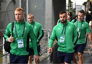 26 August 2023; Ciaran Frawley, Keith Earls, Ronan Kelleher and James Lowe of Ireland arrive before the Rugby World Cup warm-up match between Ireland and Samoa at Parc des Sports Jean Dauger in Bayonne, France. Photo by Harry Murphy/Sportsfile