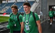 26 August 2023; Joe McCarthy and Cian Prendergast of Ireland arrive before the Rugby World Cup warm-up match between Ireland and Samoa at Parc des Sports Jean Dauger in Bayonne, France. Photo by Harry Murphy/Sportsfile