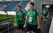 26 August 2023; Cian Prendergast and Joe McCarthy of Ireland arrive before the Rugby World Cup warm-up match between Ireland and Samoa at Parc des Sports Jean Dauger in Bayonne, France. Photo by Harry Murphy/Sportsfile