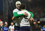 26 August 2023; Jimmy O’Brien of Ireland celebrates with teammate Mack Hansen after scoring his side's first try during the Rugby World Cup warm-up match between Ireland and Samoa at Parc des Sports Jean Dauger in Bayonne, France. Photo by Harry Murphy/Sportsfile