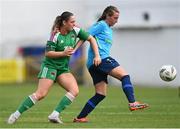 26 August 2023; Melissa Haughton of Terenure Rangers in action against Heidi O'Sullivan of Cork City during the Sports Direct Women’s FAI Cup first round match between Terenure Rangers and Cork City at Richmond Park in Dublin. Photo by Stephen McCarthy/Sportsfile