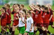 26 August 2023; Mascots wave to the crowd before the Sports Direct Women’s FAI Cup first round match between Shamrock Rovers and Killester Donnycarney at Tallaght Stadium in Dublin. Photo by Stephen McCarthy/Sportsfile