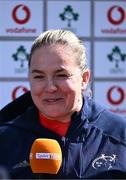 26 August 2023; Munster head coach Niamh Briggs is interviewed before the Vodafone Women’s Interprovincial Championship match between Leinster and Munster at Energia Park in Dublin. Photo by Piaras Ó Mídheach/Sportsfile