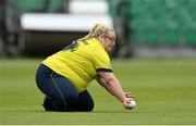 27 August 2023; Ashleigh McGuinness of Fox Lodge fields the ball during the Arachas Women's All-Ireland T20 Cup Final match between Merrion and Fox Lodge at Malahide Cricket Ground in Dublin. Photo by Seb Daly/Sportsfile