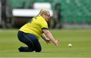 27 August 2023; Ashleigh McGuinness of Fox Lodge fields the ball during the Arachas Women's All-Ireland T20 Cup Final match between Merrion and Fox Lodge at Malahide Cricket Ground in Dublin. Photo by Seb Daly/Sportsfile
