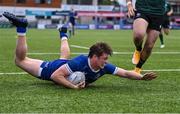 27 August 2023; Harley Fagan Harold of Leinster scores his side's first try during the U18 Clubs Interprovincial Championship match between Leinster and Connacht at Energia Park in Dublin. Photo by Piaras Ó Mídheach/Sportsfile