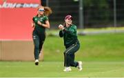 27 August 2023; Rachel Delaney of Merrion celebrates taking the wicket of Fox Lodge's Mollie Devine during the Arachas Women's All-Ireland T20 Cup Final match between Merrion and Fox Lodge at Malahide Cricket Ground in Dublin. Photo by Seb Daly/Sportsfile